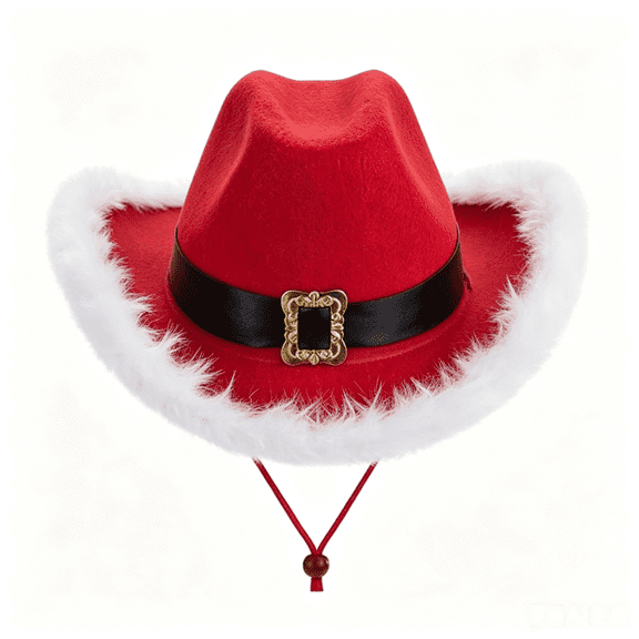 Santa Western Cowboy Hat Red Polyester Material Feather Trim Black Buckled Belt Unisex Adult Winter Holiday