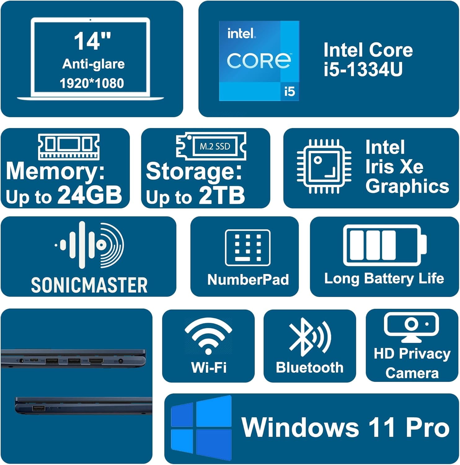 ASUS VivoBook 14 Business Laptop 14" FHD Anti-Glare Intel 10-core i5-1334U 16GB DDR4 512GB SSD Type-C Privacy Camera SonicMaster Long-Lasting Battery Fast Charging Win11Pro ICP Hub