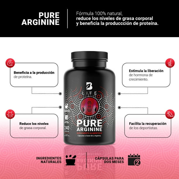 Arginina de 240 Cápsulas, 1000 mg por porción. Ingredientes naturales, Pure Arginine B Life. BLIFE Cápsulas