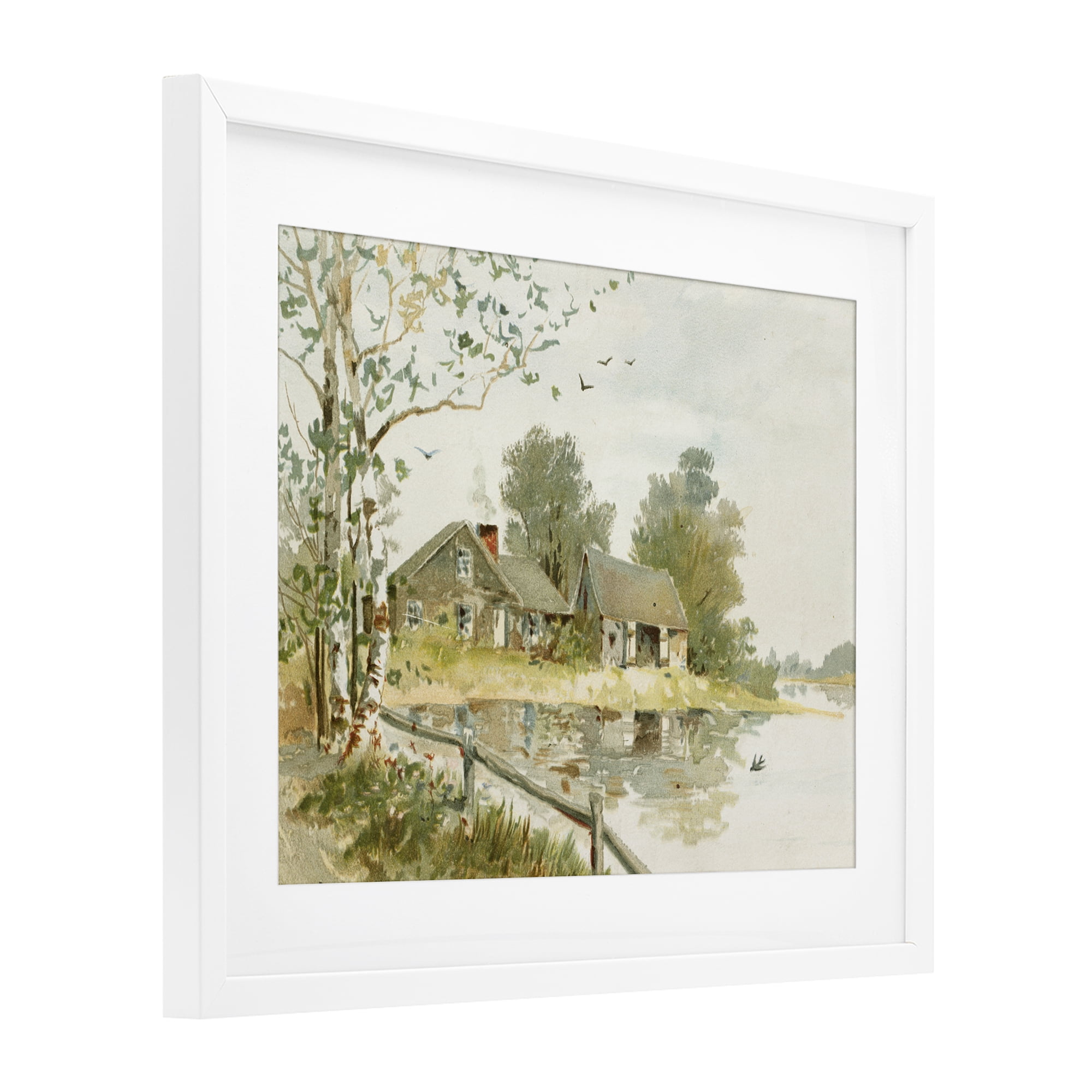Cabin Along River's Edge White Framed Print Under Glass, design by Lettered and Lined