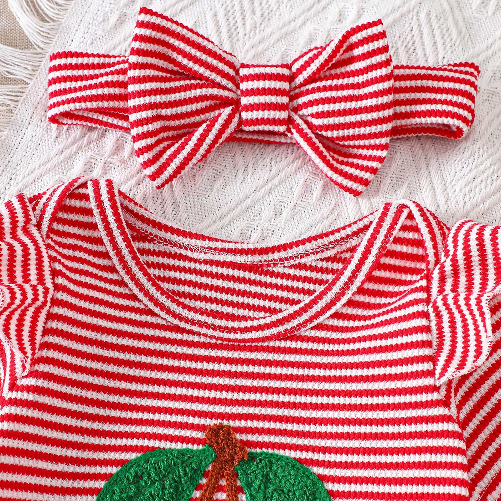 Faraee Summer Baby Girl Clothes Ruffle Short Sleeve Tops Romper Bell Bottom Flare Pants Set Infant Newborn Stripeds Cute Outfit 0 3 6 12 18 24 Months Red