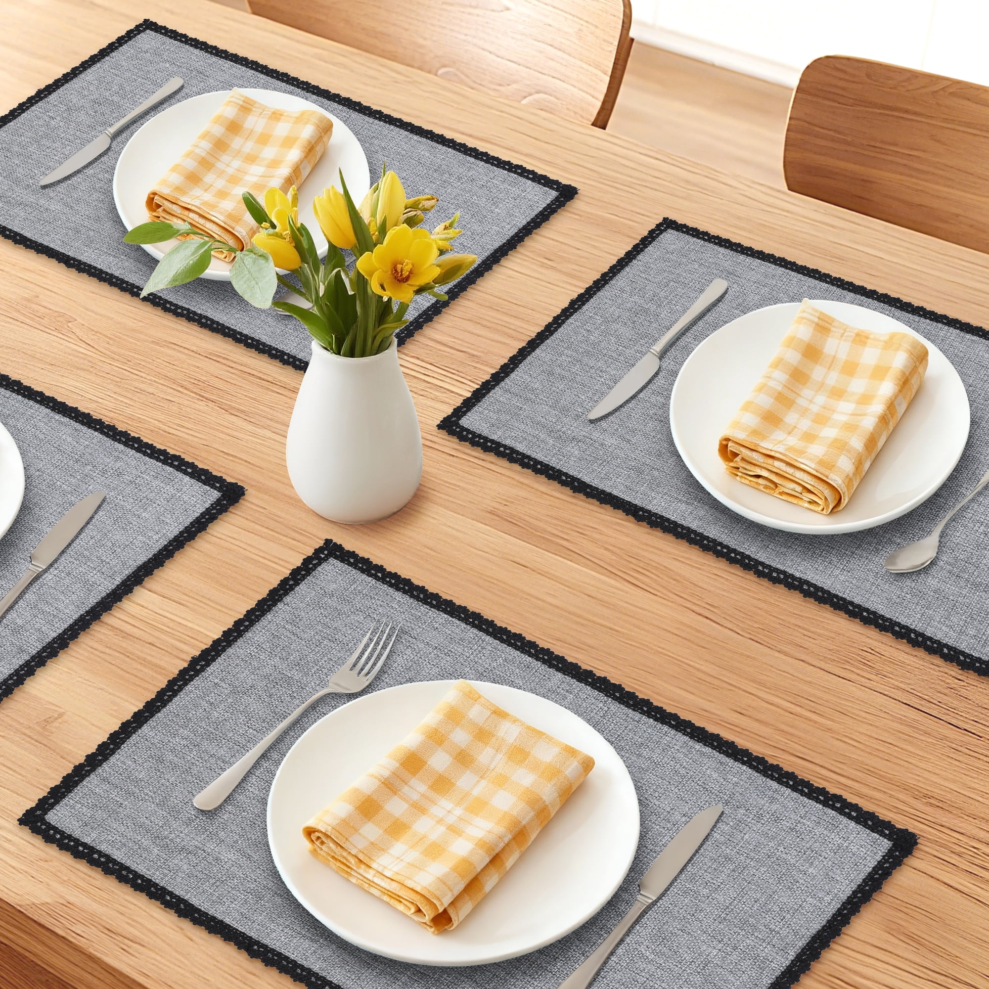 Unique Bargains Farmhouse Placemats 6pcs Cotton and Linen Gray 17.7"x11.8"