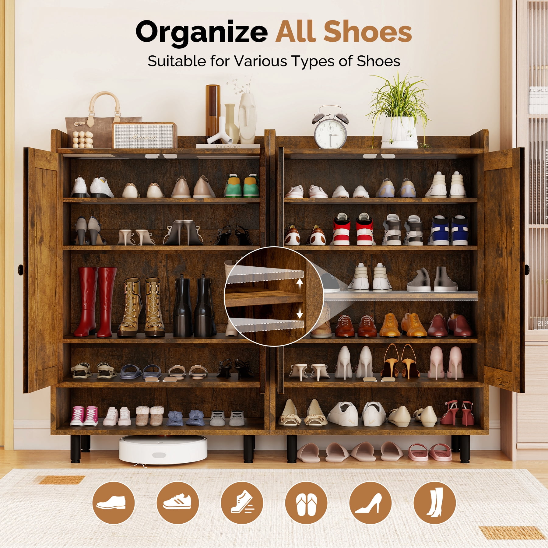 MOONMISS 5-Tier Adjustable Shelves Shoe Cabinet with Doors,Freestanding Shoe Storage Organizer,Shoe Rack for Entryway,Hallway,Closet