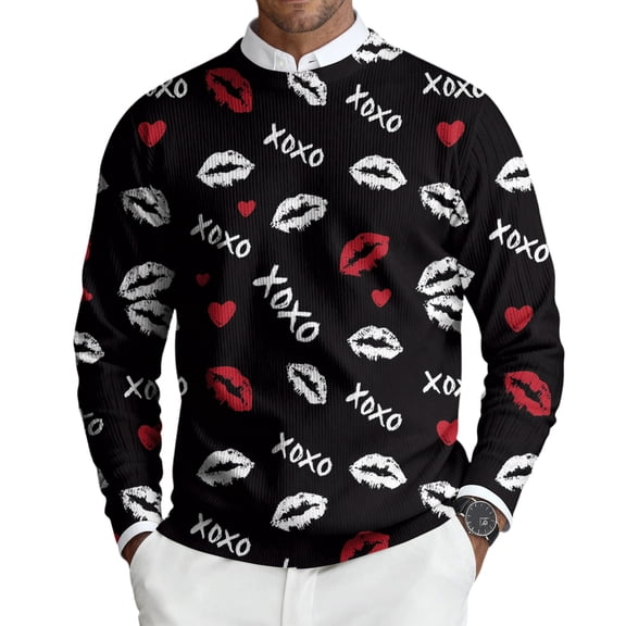 Fgvctg Romantic Valentine's Day Sweater Mens Ribbed Knit Crewneck Sweater Love Heart Print Trendy Pullover Slim Fit Long Sleeve Sweaters Oversized Spring Blouses Black L