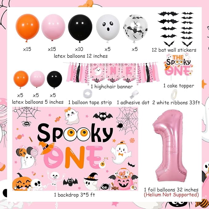 Halloween 1st Birthday Party Decorations Girl - Pink Orange Halloween Balloons Garland Arch Kit with Spooky One Birthday Backdrop, Cake Topper, High Chair Banner, Bat Wall Stickers