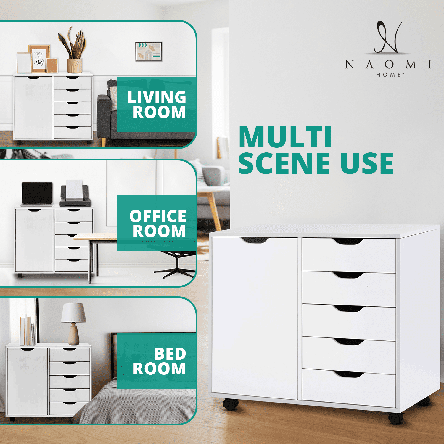 Amy 5-Drawer White Dresser – Mobile Cabinet with Drawers & Craft Storage
