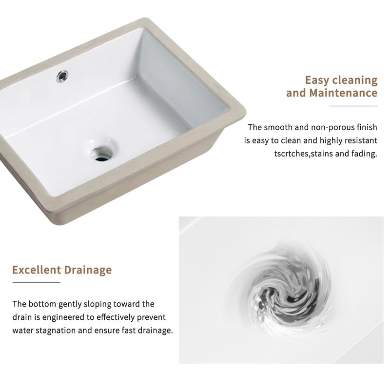 TICOZE Modern White 18 Inch Rectangle Porcelain Undermount Sink, Bathroom Sink Vanity Sink with Overflow, Vessel Sinks Style Basin Sink for Under Counter Installation