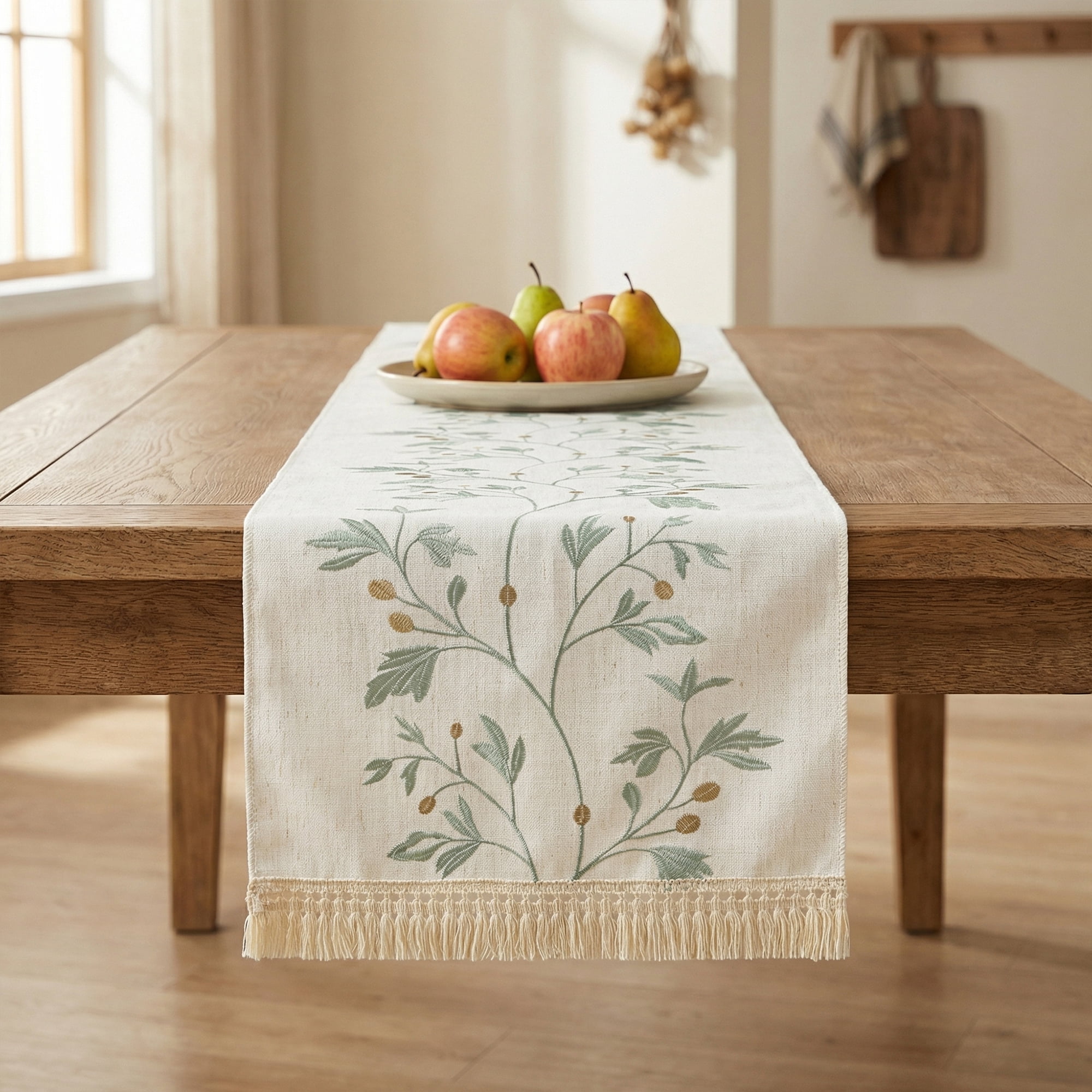 Unique Bargains Long Washable Floral Table Runner for Dining Decor Green 15.4"x82.7"