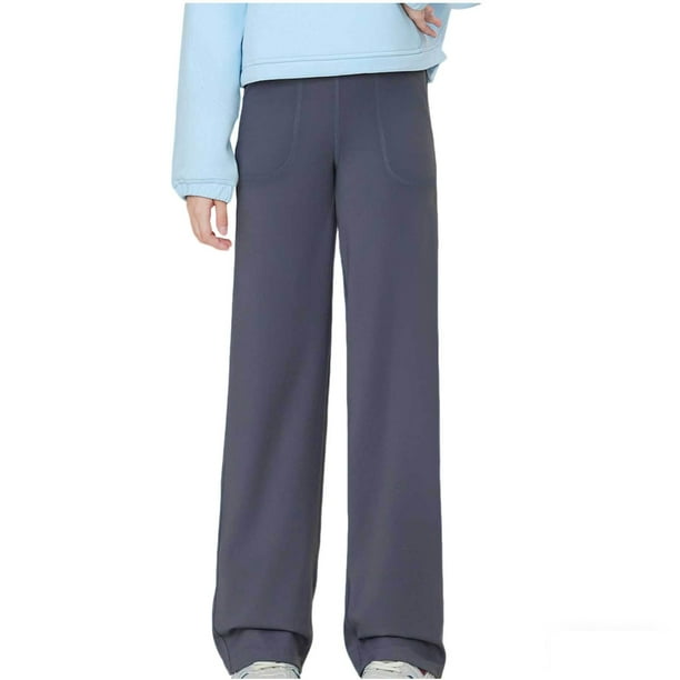 Pantalones largos para niñas, pantalones de pierna ancha, pantalones de yoga para ejercicio de pierna recta para niñas, pantalones de bolsillo de cintura alta, pantalones de poliéster para niñas