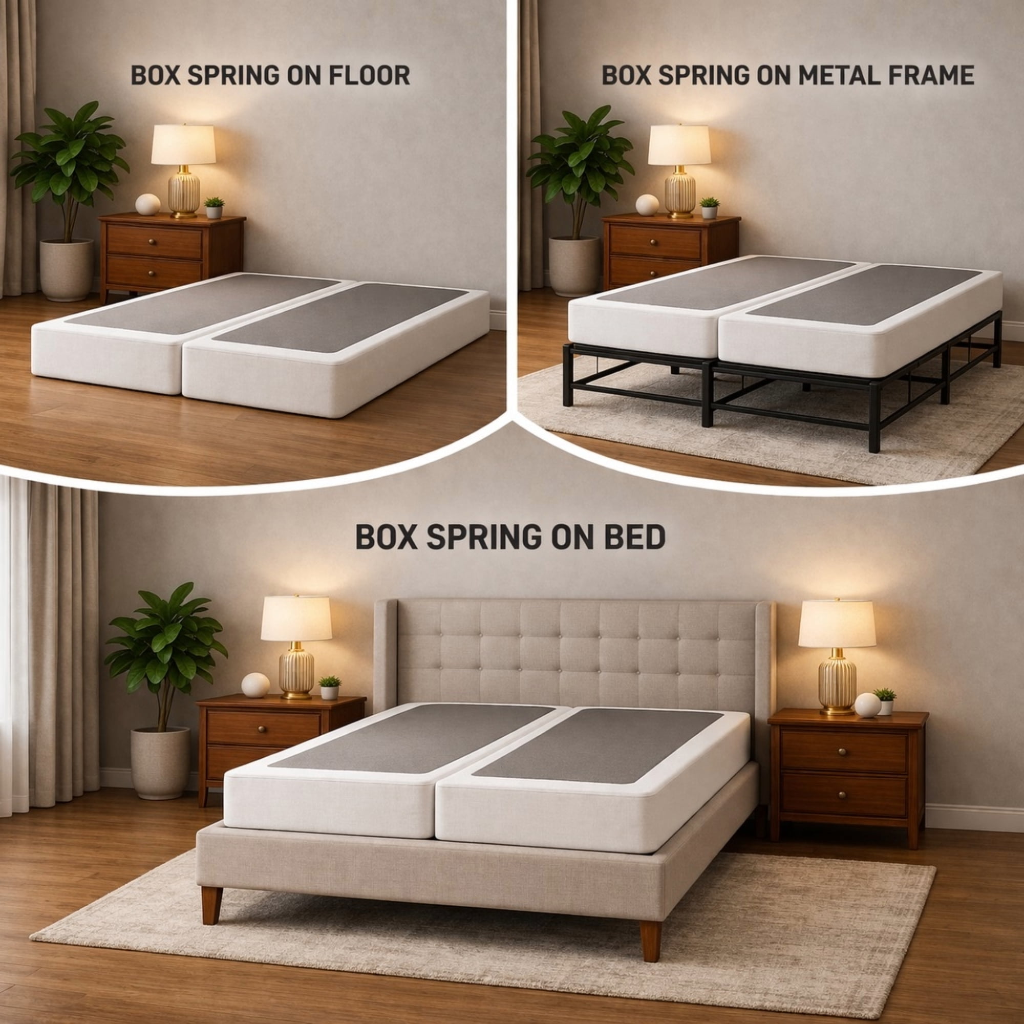 Continental Sleep, Box Spring Bed Base Queen Size, 8-Inch Wood Mattress Foundation, Quiet Noise Free, 2-Pieces Under Mattress Support BoxSpring, Fully Assembled, White