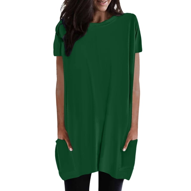 WEAIXIMIUNG T-Shirts Graphiques pour Femmes avec Chien, Mode Décontractée, Couleur Unie, Col Rond, Manches Courtes, Poche, Long Haut