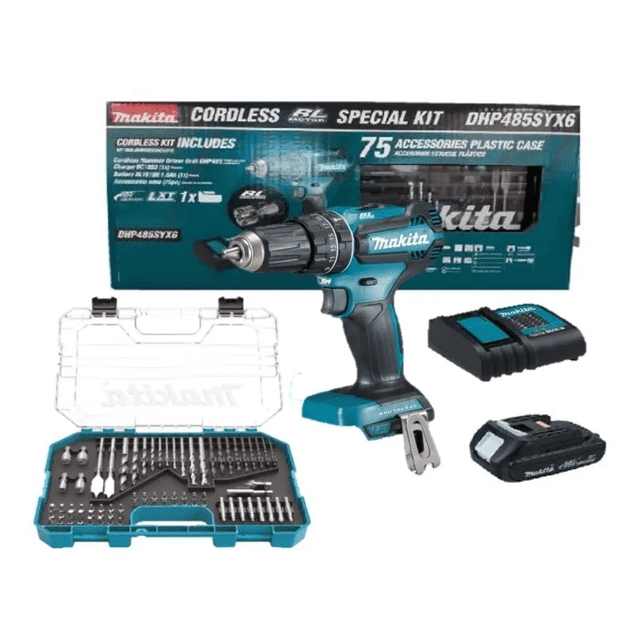 Combo Rotomartillo Makita DHP485SYX6 con Cargador y Kit de Accesorios 75 Piezas