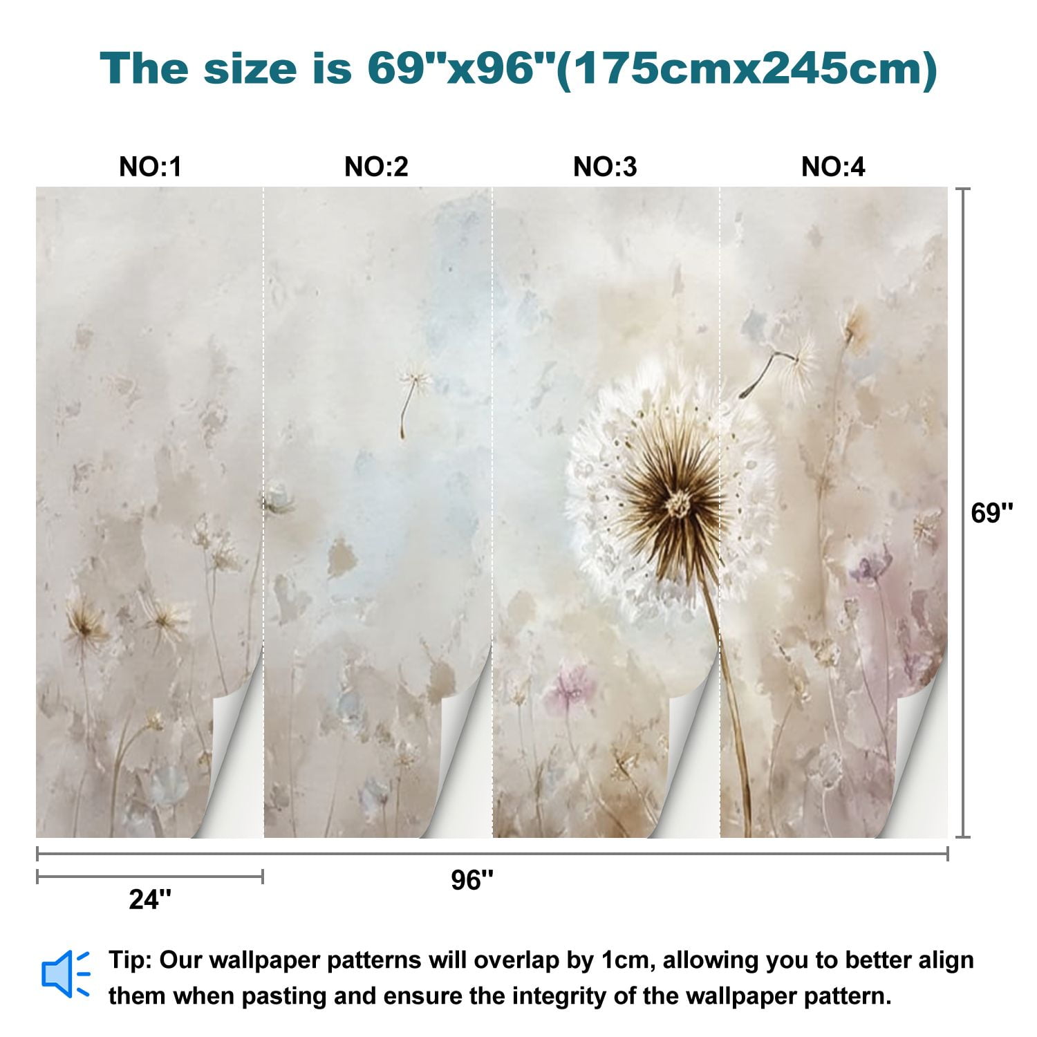 Peel and Stick Wallpaper Floral Watercolor Dandelion Abstract Botanical Dreamy Garden Modern Art Wall Mural Decor Self Adhesive and Removable 69in x 98in