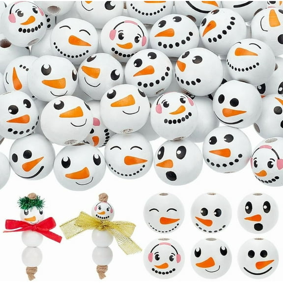 6 Styles Large Hole Snowman Wooden Beads - 60pcs 20mm White Ball Head with 4.5mm Hole Spacer Beads for DIY Christmas Farmhouse Craft Decoration Jewelry Making