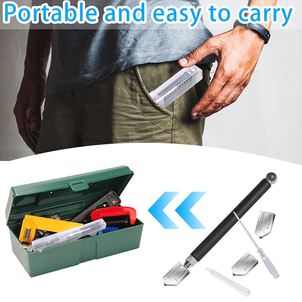 Glass Cutter Professional- Glass Cutters Tool for Thick Glass Tile Mirror Mosaic Cutting in The Range 2-22mm, Tile Cutter Glass Cutter with Replaceable 3 Carbide Cutting Heads