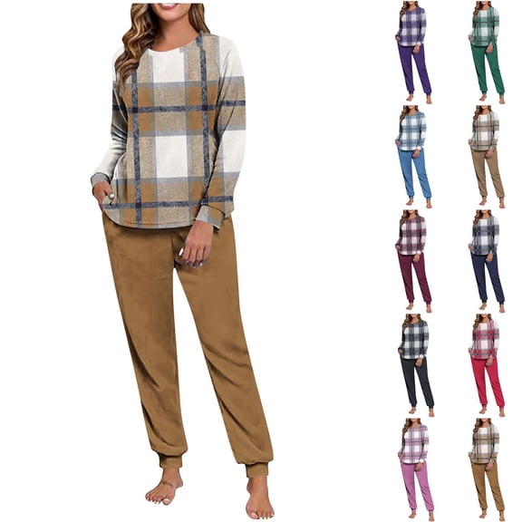 YYDGH Plaid Pajamas for Women Long Sleeve 2 Piece Lounge Set Crewneck Tops and Cuffed Jogger Pants Loungewear Casual Comfy Fall Winter Sleepwear