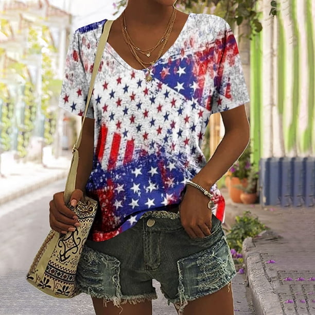 Fiudx Ropa de Mujer Blusa Superior con Estampado de Manga Corta y Cuello En V, Cómoda E Informal, a La Moda para Mujer