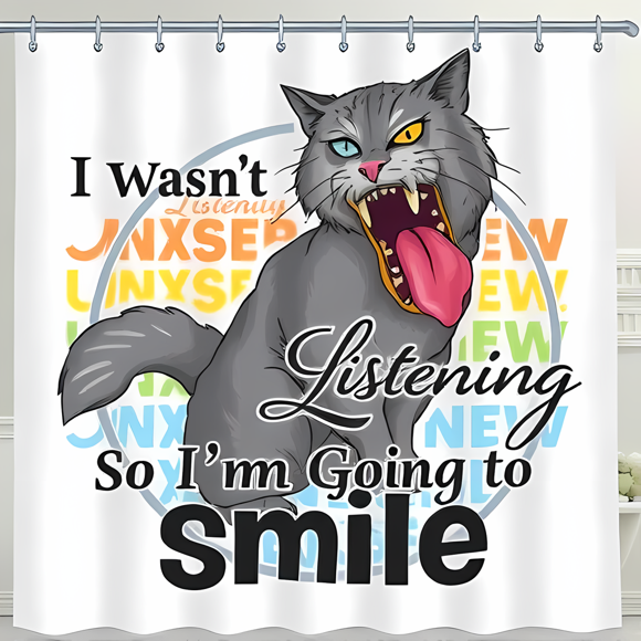 Grey Cat Shower Curtain with Heterochromia - "I Wasn't Listening So I'm Going to Smile" - Fun Bathroom Decor