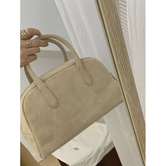 Retro Korean Bowg Design Genuine Leather and Suede Boston Tote Bag with Spacious Compartments