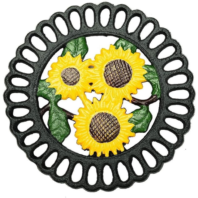 Sungmor Hierro Fundido Cocina Redondo Trivet, Pintura Decorativa, Patrón Vintage Encantador de Girasol, 1 Pieza