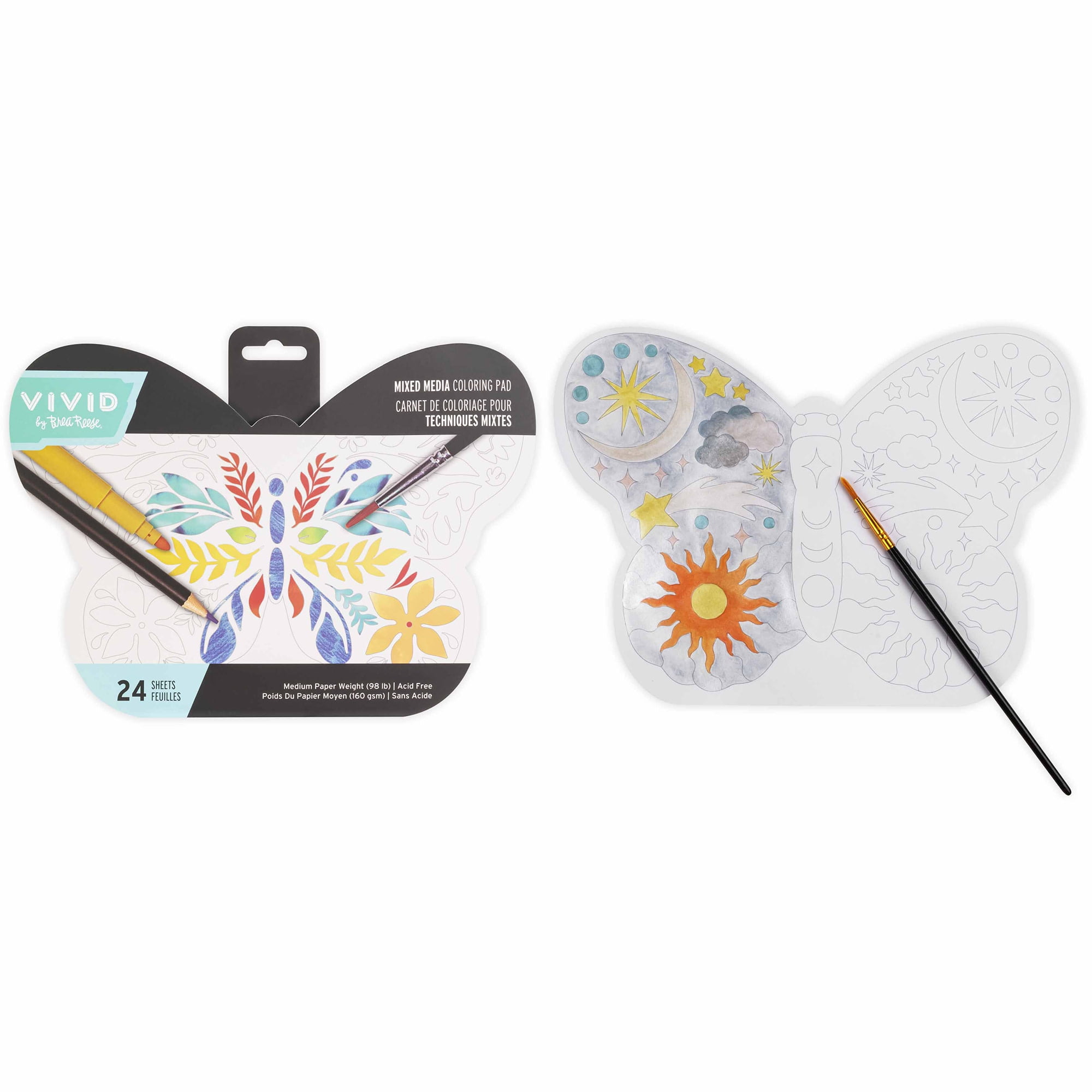 Vivid by Brea Reese: Mixed Media Coloring Pad - Butterfly - 24 Shaped Sheets in 8 Pattern Designs, Art Paper Pages For Paints-Markers-Colored Pencils