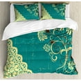 thumbnail image 1 of Vintage Duvet Cover Set King Size, Retro Abstract Image with Modern Backdrop and Lace and Floral Frame Print, Decorative 3 Piece Bedding Set with 2 Pillow Shams, White and Jade Green, by Ambesonne, 1 of 3