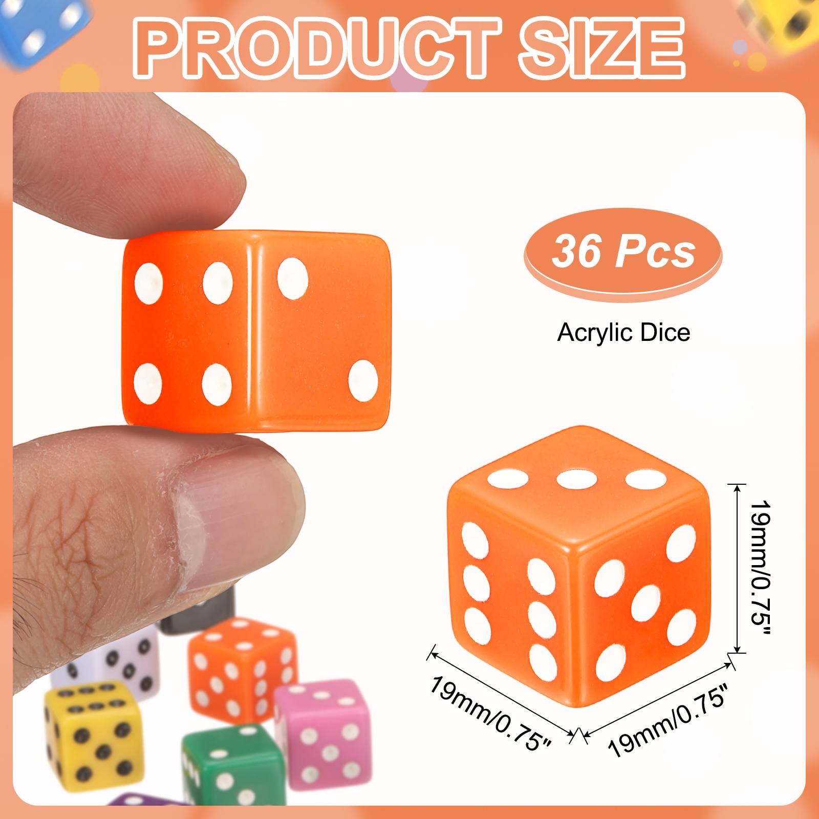 36Pack 6 Sided Acrylic Dice, 19mm/0.75" Large D6 Opaque Game Dice Bulk for Table Board Games Birthday Theme Party Fun Supply, Orange