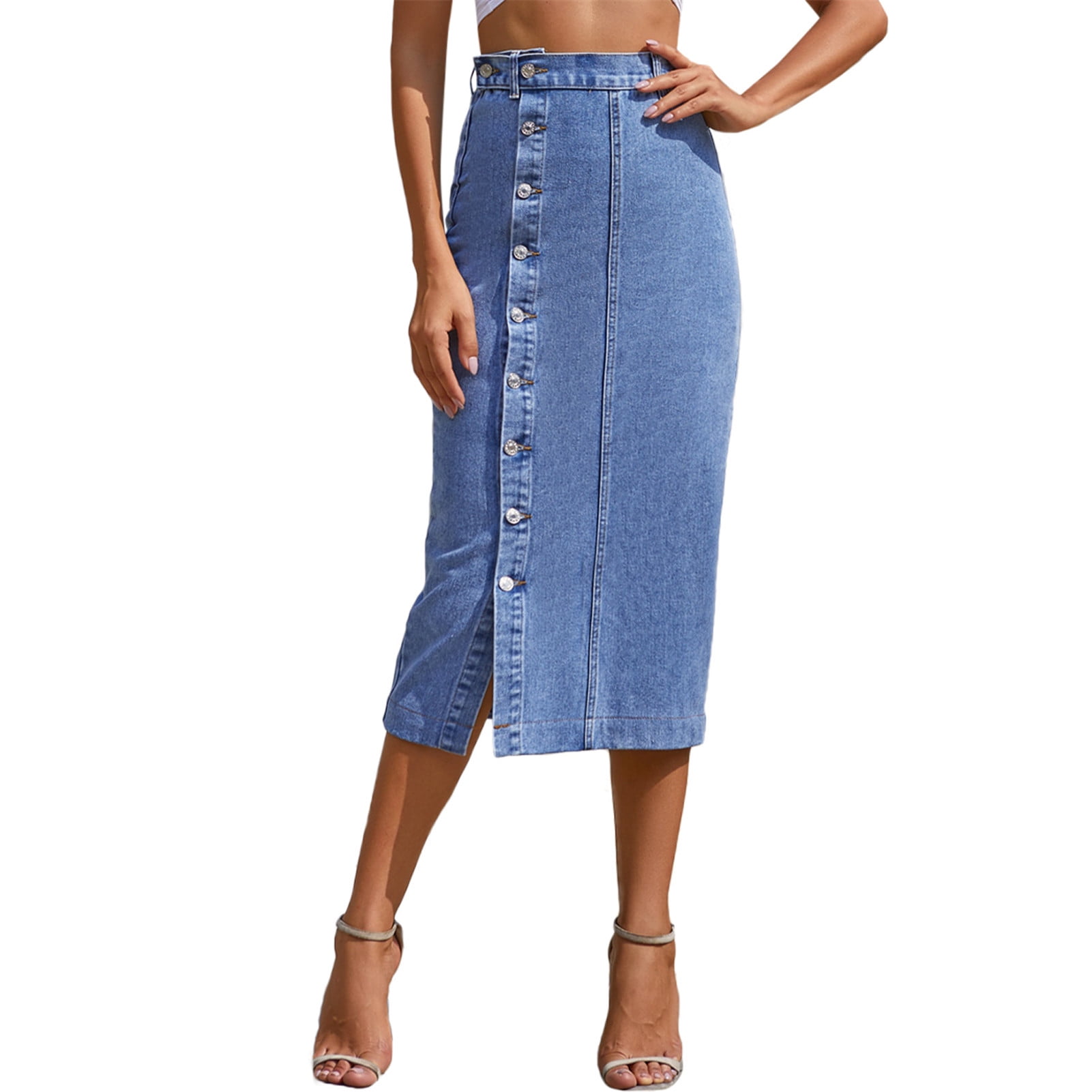 blue high waisted denim skirt