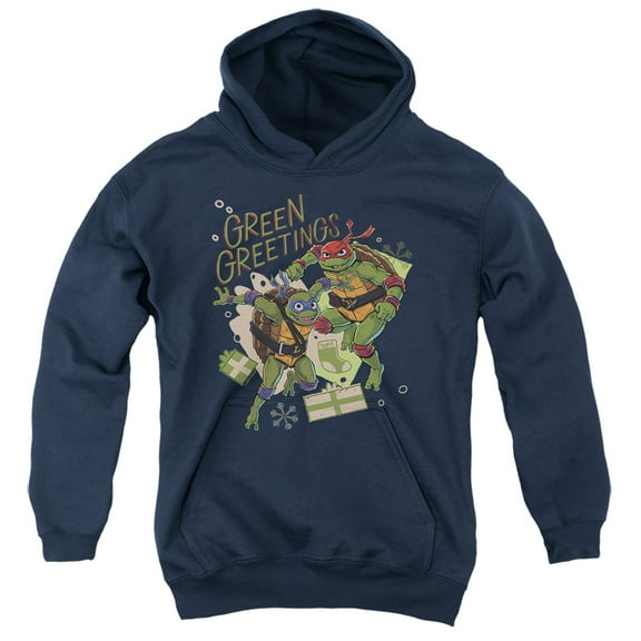 TMNT: Mutant Mayhem Christmas Greetings Leonardo Raphael Youth Kids Boy/Girls Pull-Over Hoodie, Navy, Small