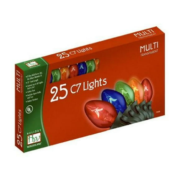 Holiday Wonderland 525-88 Christmas 25-Light Set, Multi-Color, C7 Transparent, 25-Ct. - Quantity 1