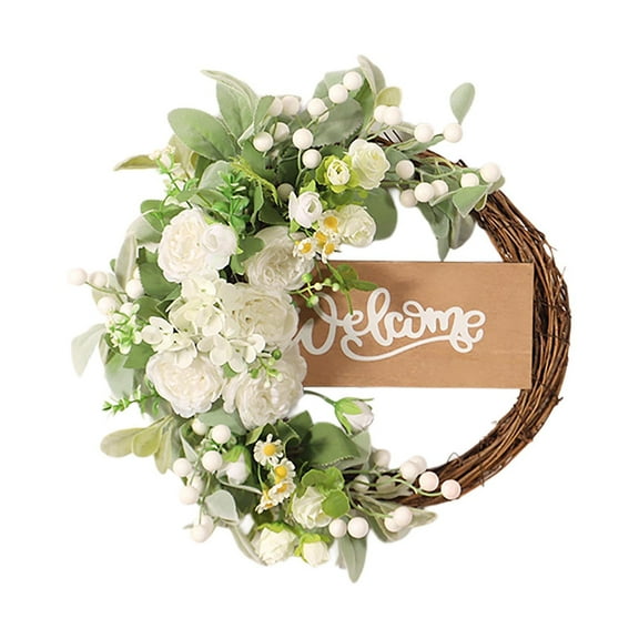 Spring Wreath for Front Door with Welcome Sign,White Hydrangea and Green Farmhouse Wreath,Rattan All-Season Wreath for Porch,Outdoor Wedding,Wall,Home Decor
