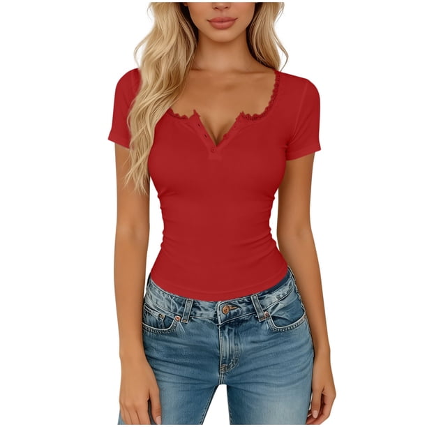 Mujeres Manga Corta Tops Casual Ruffle Botón V-Cuello Montado Manga Corta Superior Poliéster Ligero Suave Cómodo para la Primavera Verano Uso Diario