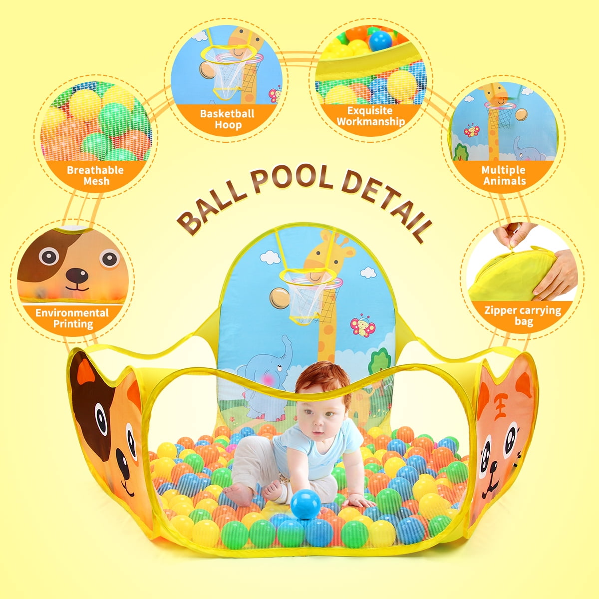 Hinzonek Portable Cute Children Ball Pit, Indoor and Outdoor Easy Folding Ball Play Pool Kids Toy Play Tent,Balls Not Included