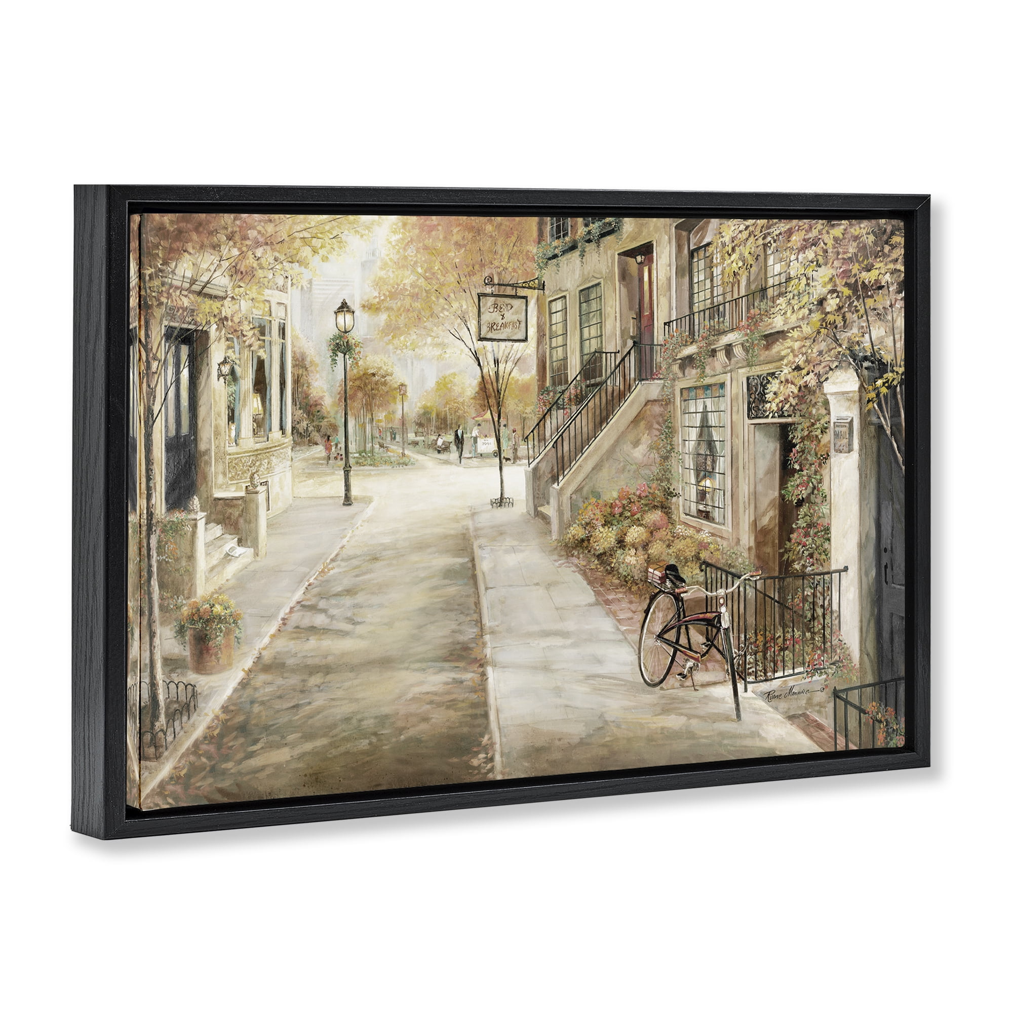 Stupell Industries Bicycle on Town Street Scenic & Cityscapes Painting Black Floater Framed Canvas Art Print Wall Art, 31 x 21