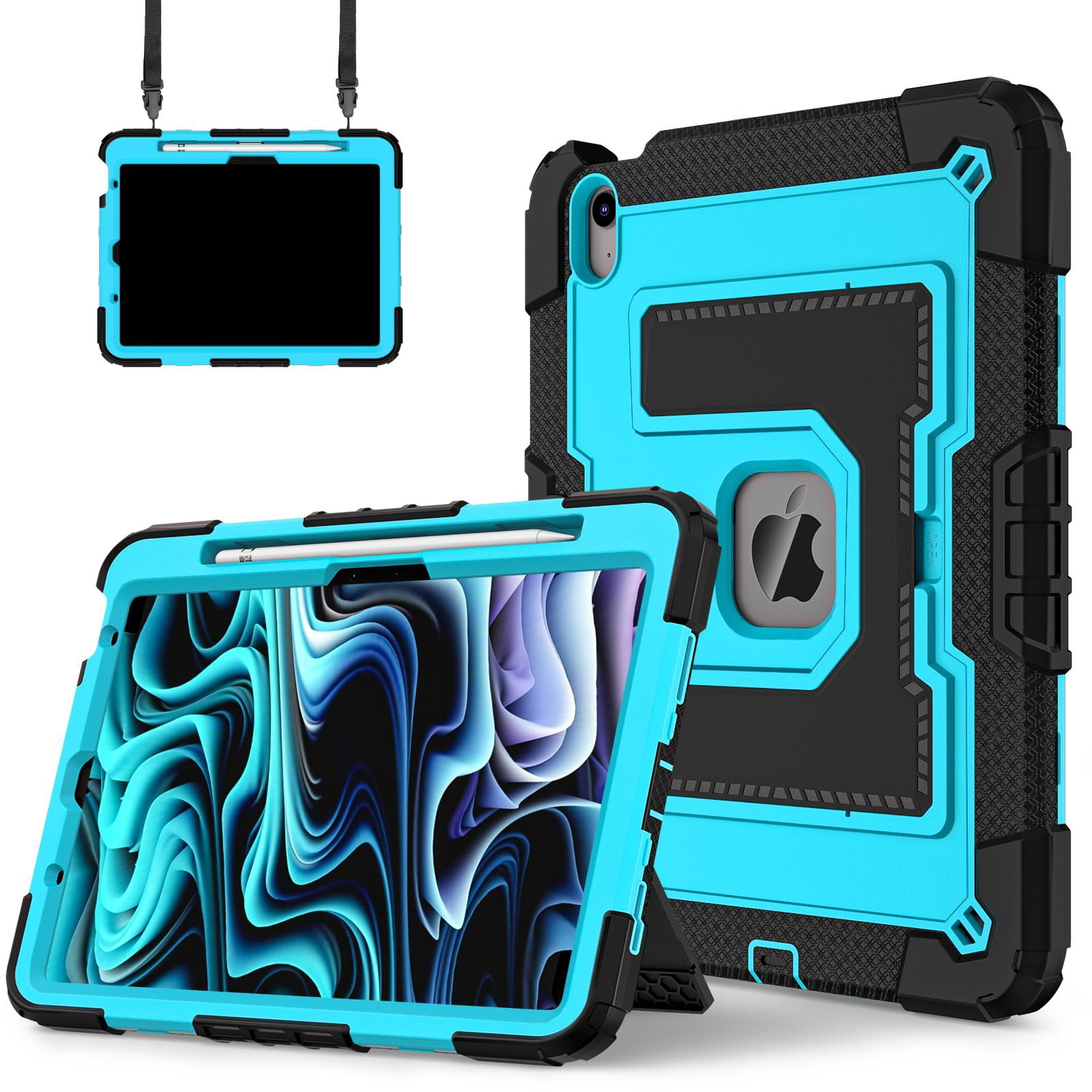ELEHOLD 3-Layer Rugged Case For Apple iPad Air 11‑inch (M4) 2026, Heavy Duty Shockproof Logo Visible Foldable Kickstand Drop Protection Cover with Pencil Holder + Shoulder Strap, Black+Blue