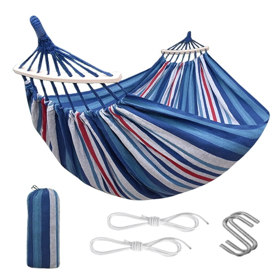Thickened Fabric Double Hammock 86.61 x 59 Inch, Canvas Outdoor Hammock Bed with Hardwood Spreader Bars for Patio Yard Camping, Blue Fine Stripe
