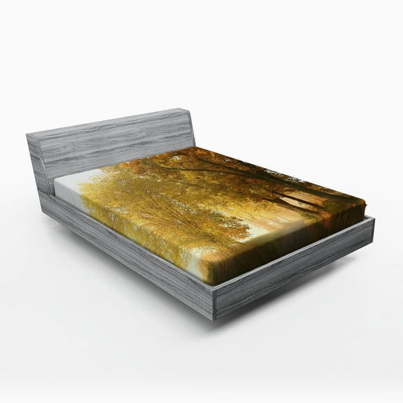 Ambesonne Fall Fitted Sheet, Autumn Morning Scenic, Full Size, Green Yellow