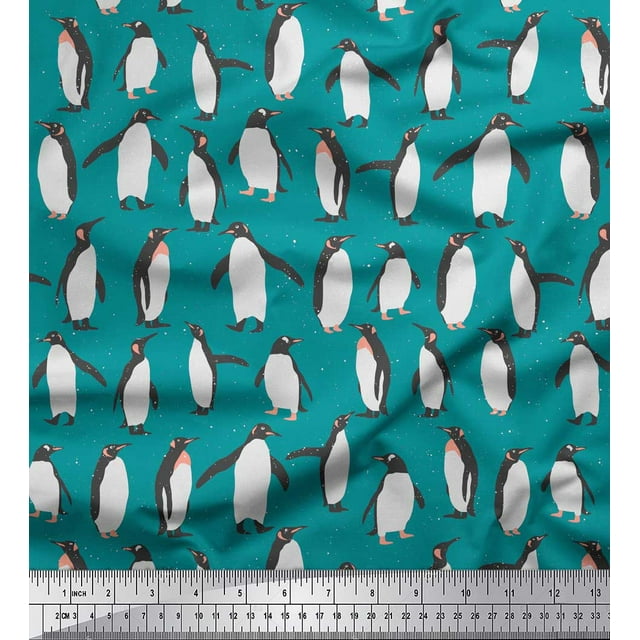 Soimoi Blue polyester Crepe Fabric Penguin Ocean Print Fabric by Yard 42 Inch Wide