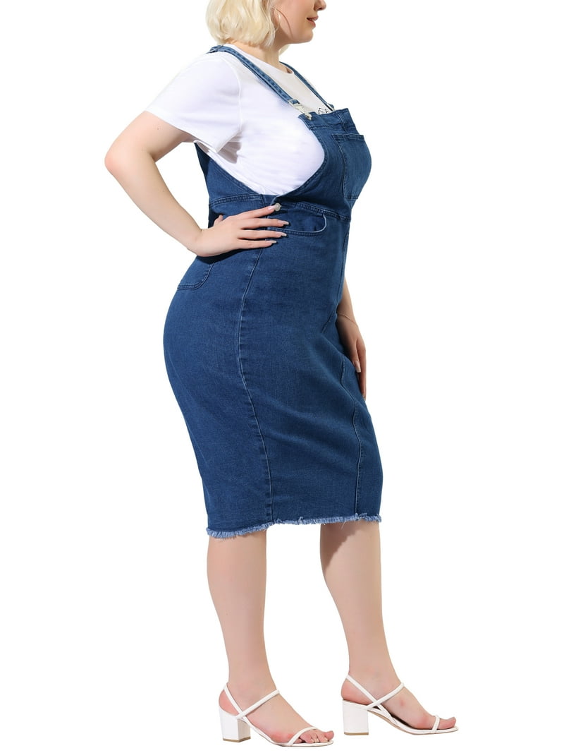 MODA NOVA Juniors Plus Size Adjustable Strap Back Slit Denim Overalls Dress 