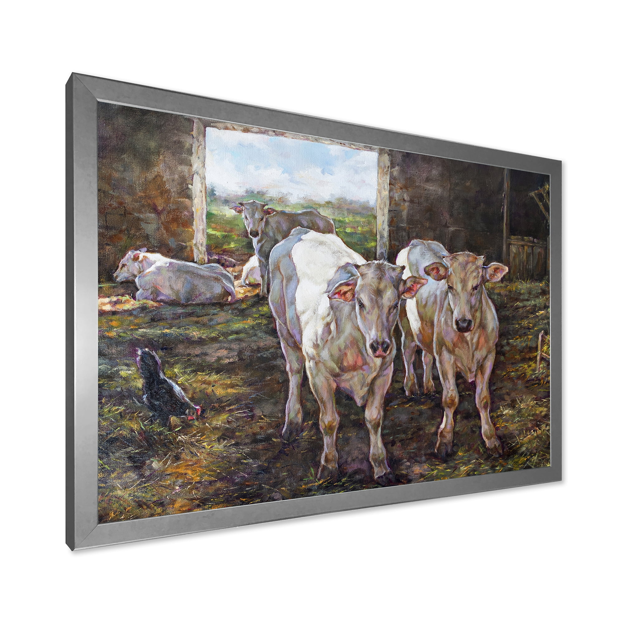 Designart 'The Cows In The Stable In Countryside' Farmhouse Framed Art Print