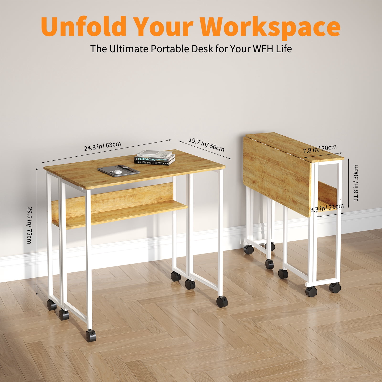 Folding Desk Small Rolling Desk with Storage Shelf,24.8 inch Foldable Computer Desk with Wheels, for Small Spaces, Home Office, Study, Easy Assembly