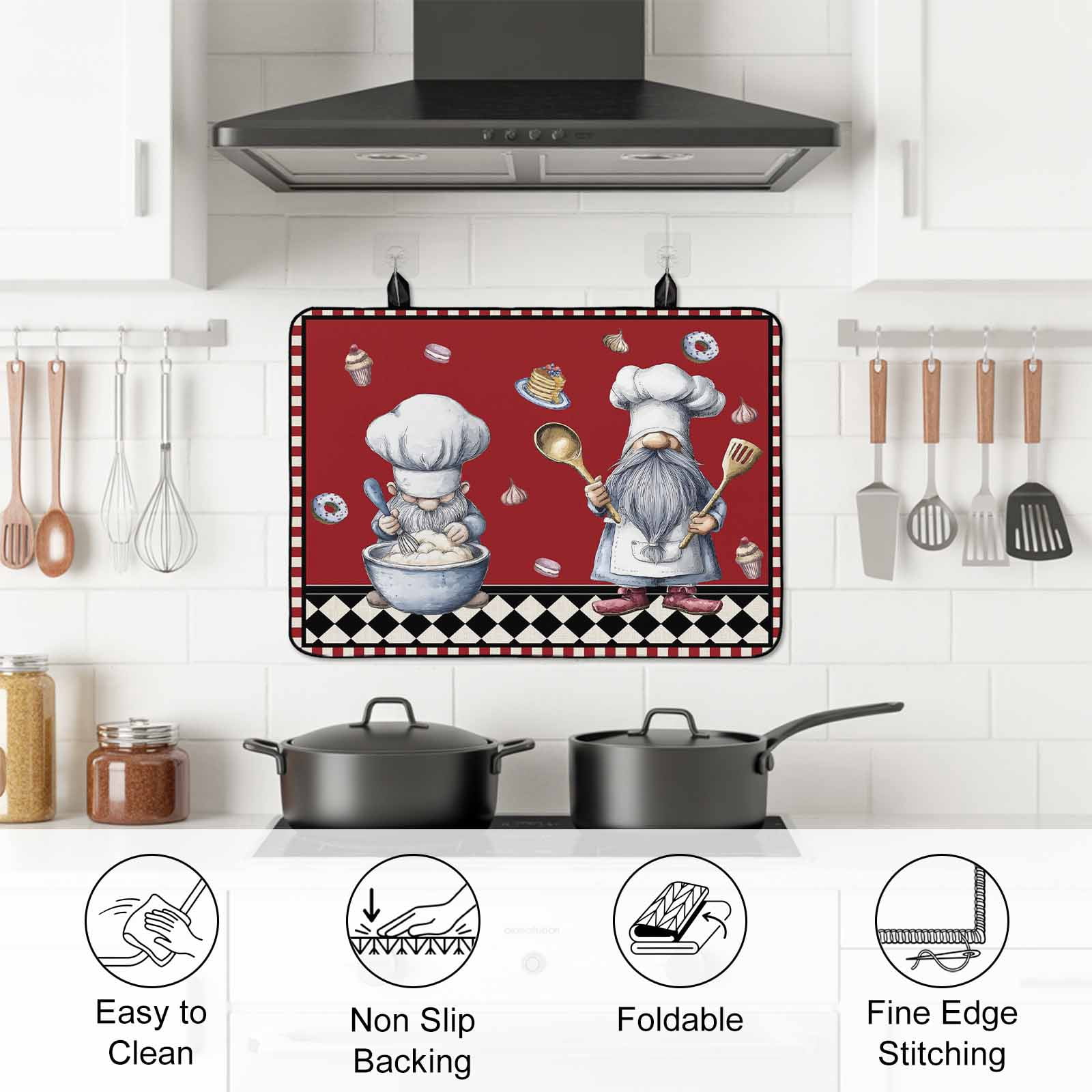 Red Vintage Gnomes Stove Top Cover for Electric Stove, Heat-proof & Non Slip Glass Top Stove Cover Protector, Black Checkered Retro Art Kitchen Flat Cooktop Rubber Mat 24x21 Inches