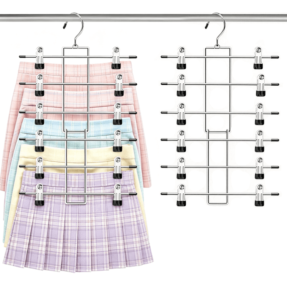 GARITIN 2 Pack Pants Hangers, 6 Tier Skirt Hangers with Non Slip Clips, Foldable Metal Clothes Hanger Organizer for Closet