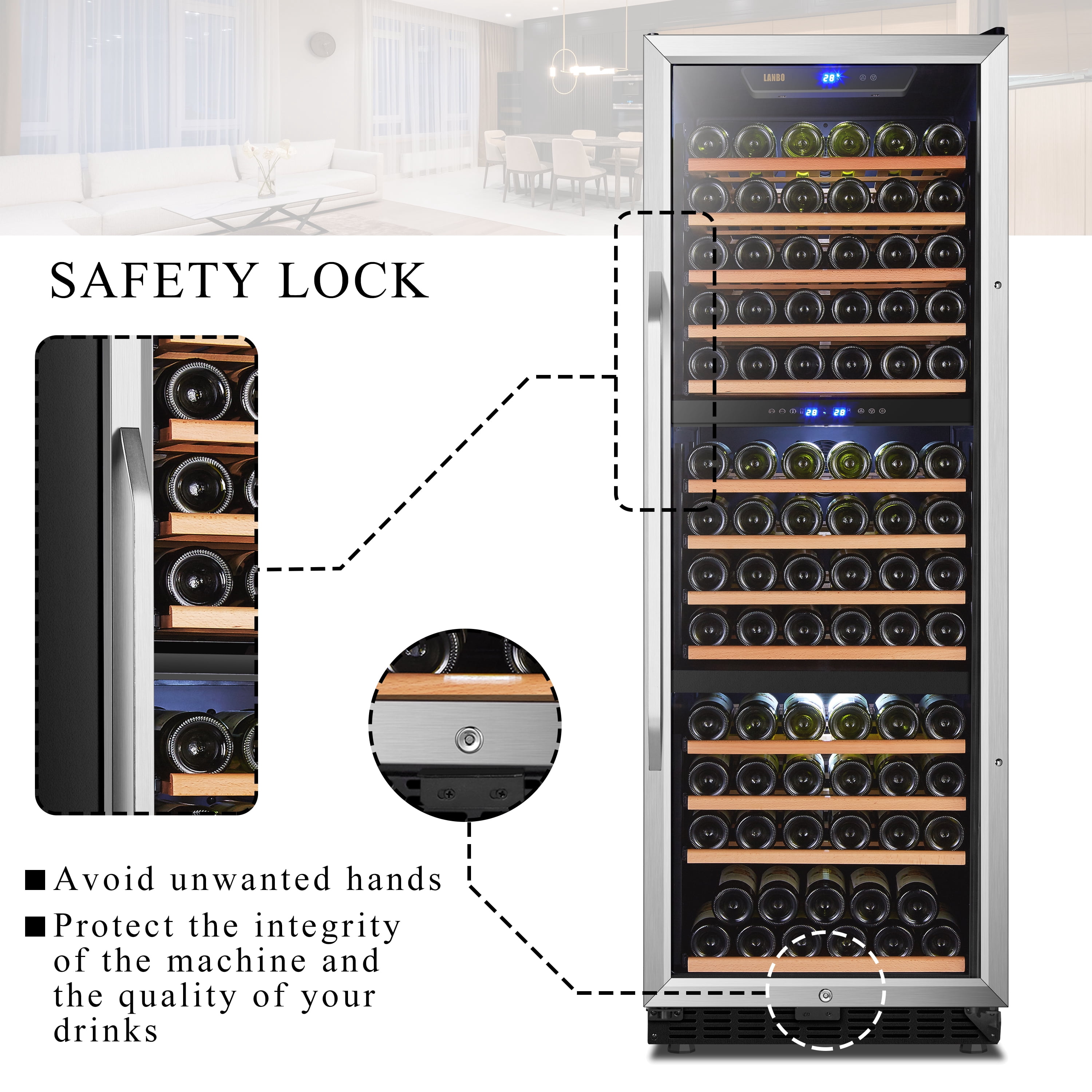 Lanbo 143 Bottle Triple Zone Compressor Wine Refrigerator 24 inch Width