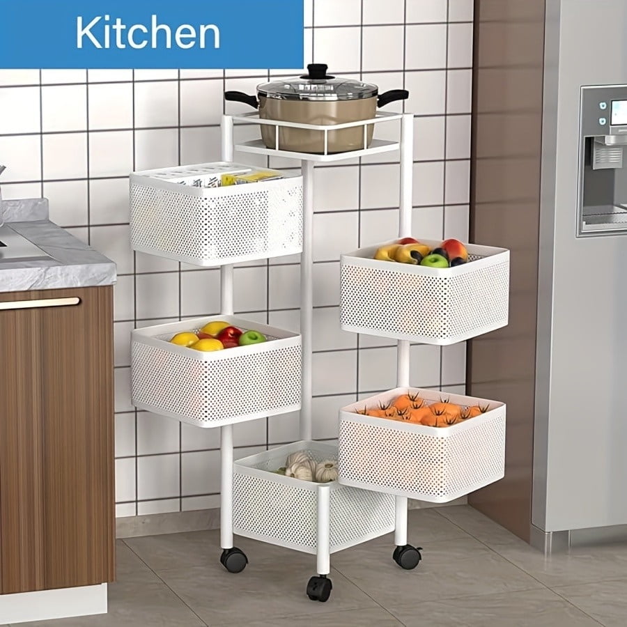5 Tier Rotating Kitchen Storage Shelf, Metal Fruit Vegetable Storage Basket Multi-Layer Vegetable Rack Storage Trolley on Wheels, Floor-Standing Basket for Kitchen Bathroom, Square