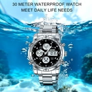 SKMEI Mens Wrist Watch, Waterproof Military Analog Digital Watches with LED Multi Time Chronograph, Stainless Steel Business Quartz Watches for Men