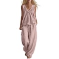 thumbnail image 2 of BRELIL Women's Two Piece Sets Summer Casual Loungewear V Neck Sleeveless Tank Top Wide Leg Loose Long Pants Matching Sets Solid Boho Beach Outfits Vacation Travel Tracksuit, Pink XL, 2 of 6