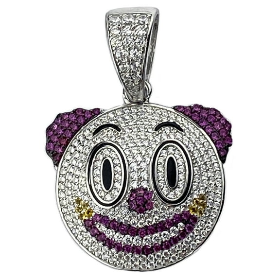 Real Solid 925 Sterling Silver Clown Face Emoji Pendant Iced Micro Pave Charm 1.5" inch