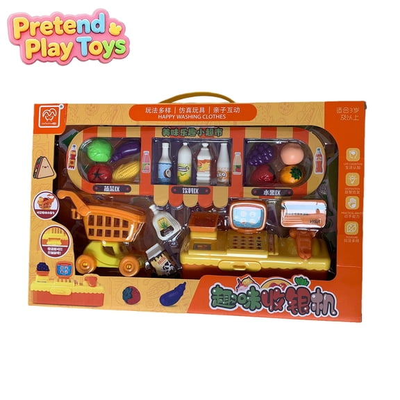 16 Pcs Pretend Supermarket Cash Register Play Toys, Kids Toddler Mini Shopping Cart Fruit Veggie Drink Grocery Playset,Learning Toys, Imaginative Grocery Store Role Play Kit for Boys Girls Ages 3 