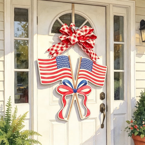 4th of July Patriotic Bow Door Hanger, Red White Blue Ribbon Welcome Sign for Front Porch Independence Day Decor